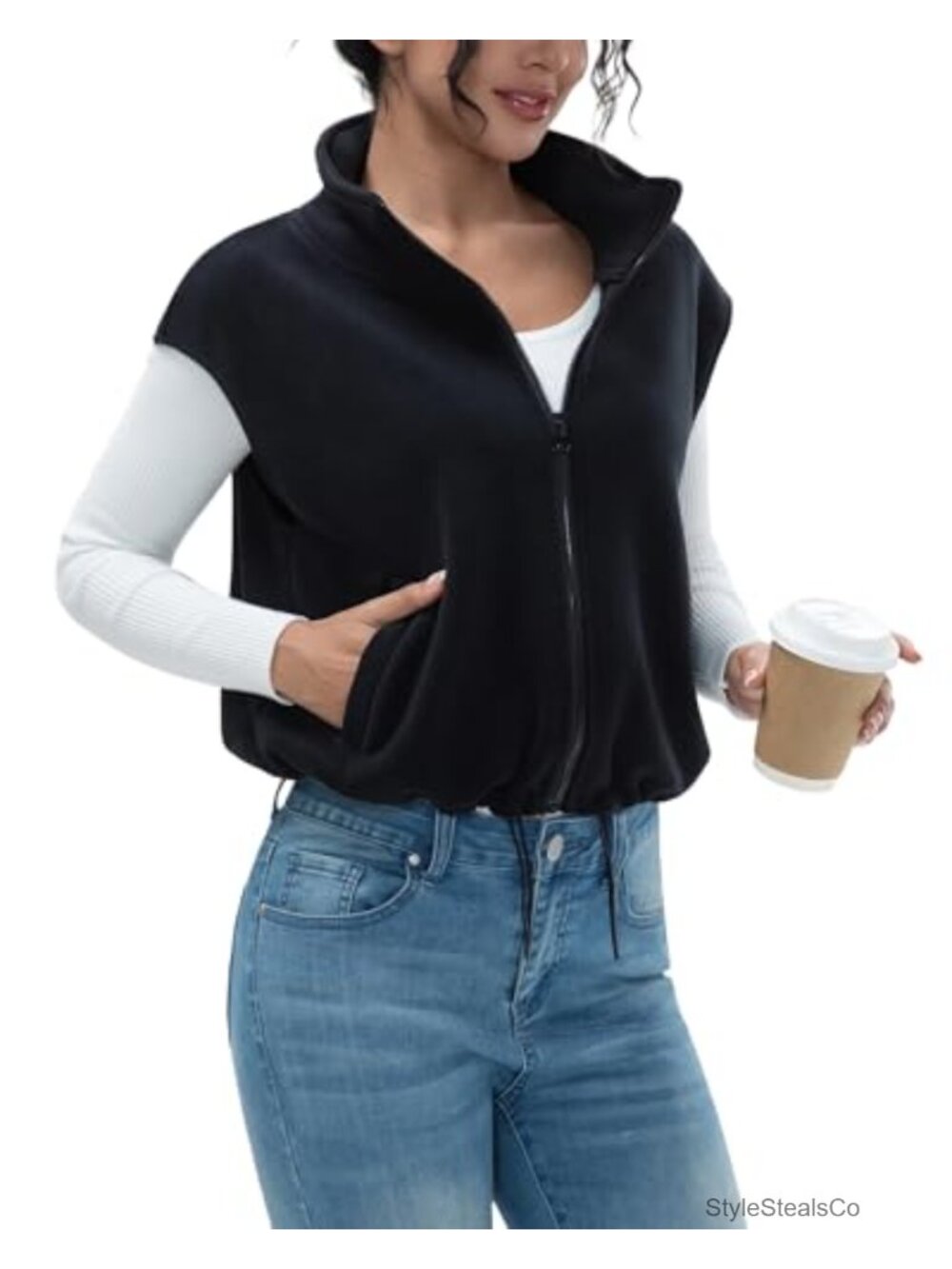 Women's Full Zip Fleece Short Vest Warm Winter Sleeveless Stand Collar Sherpa